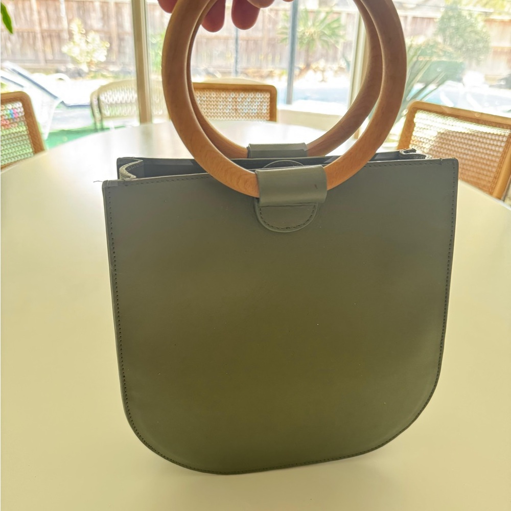 Olive Green leather Handbag with Wooden Handles